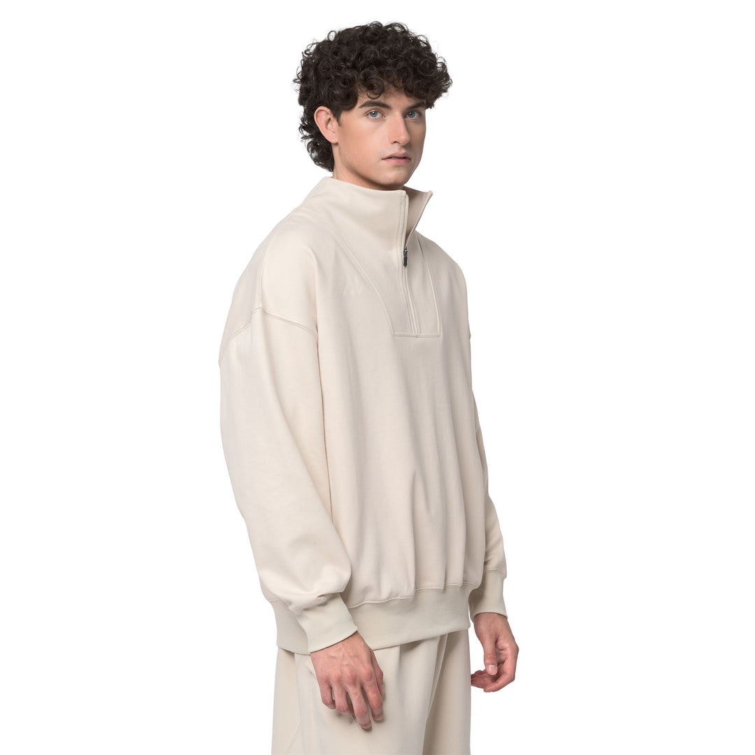 Beige Men's Oversized Fit Fleece Jumper with Half-Zip Opening main