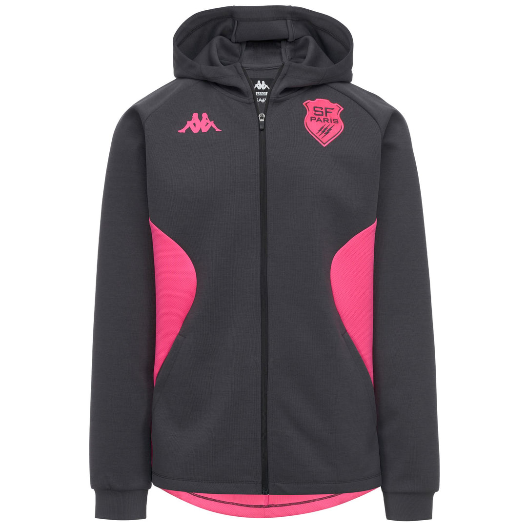 Sweat à capuche zippé gris et rose pour homme, coupe ajustée, style rugby. 01