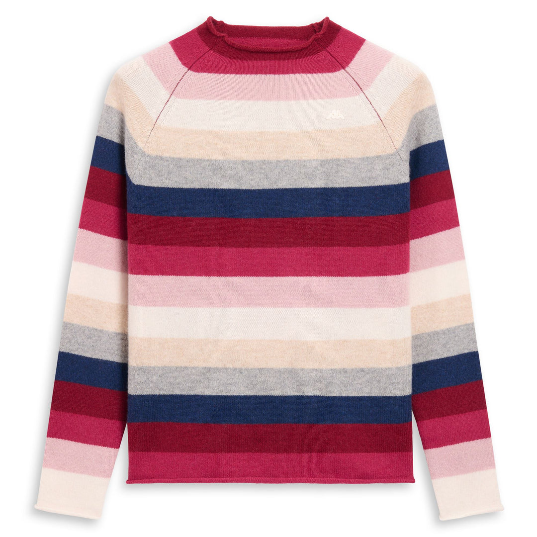 Red Women's Classic Knit Pullover with Multicolor Stripes 01