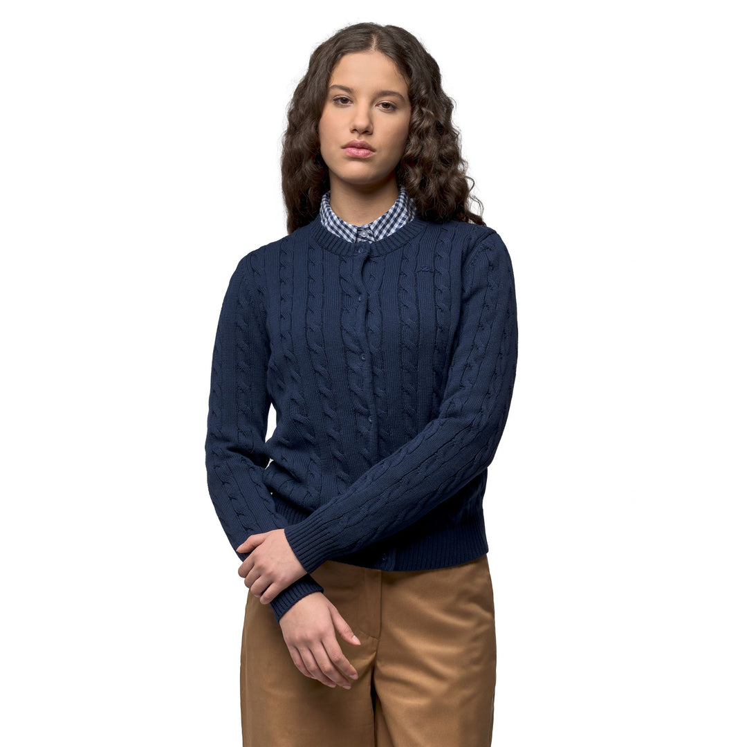Gilet classique en maille torsadée bleu pour femme, coupe régulière 01