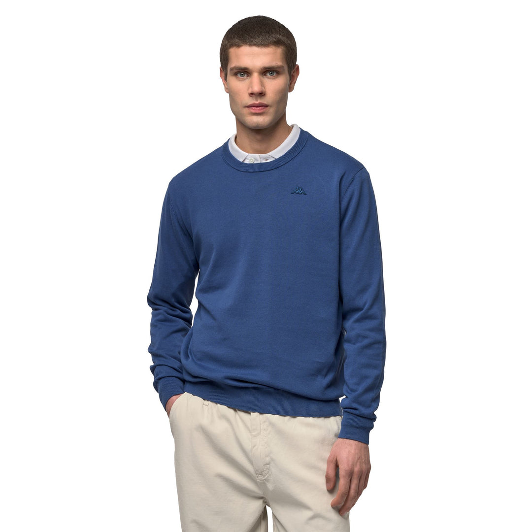 Pull en coton décontracté bleu pour homme, coupe ajustée 01