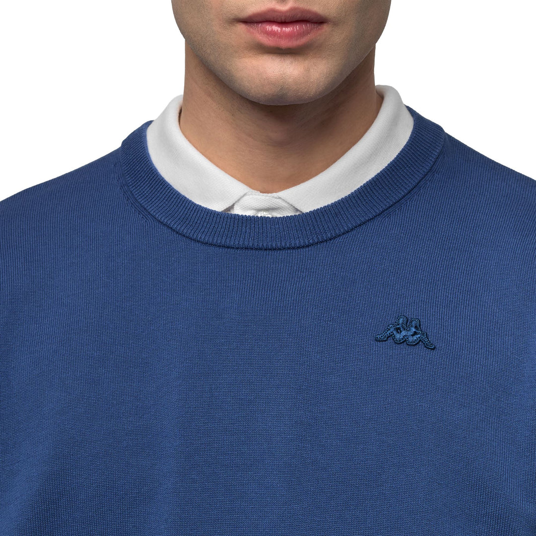 Pull en coton décontracté bleu pour homme, coupe ajustée main
