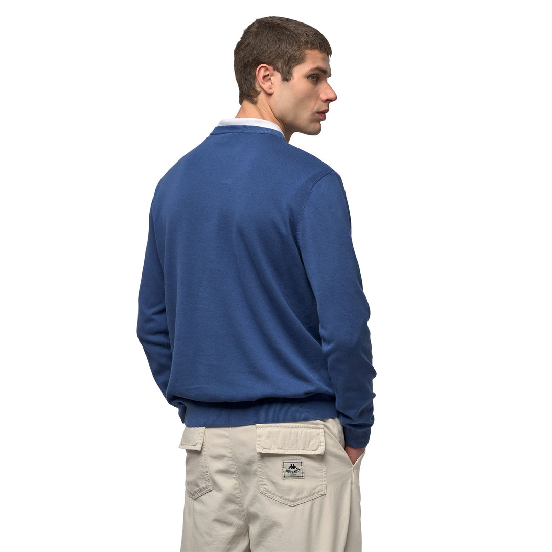 Pull en coton décontracté bleu pour homme, coupe ajustée main
