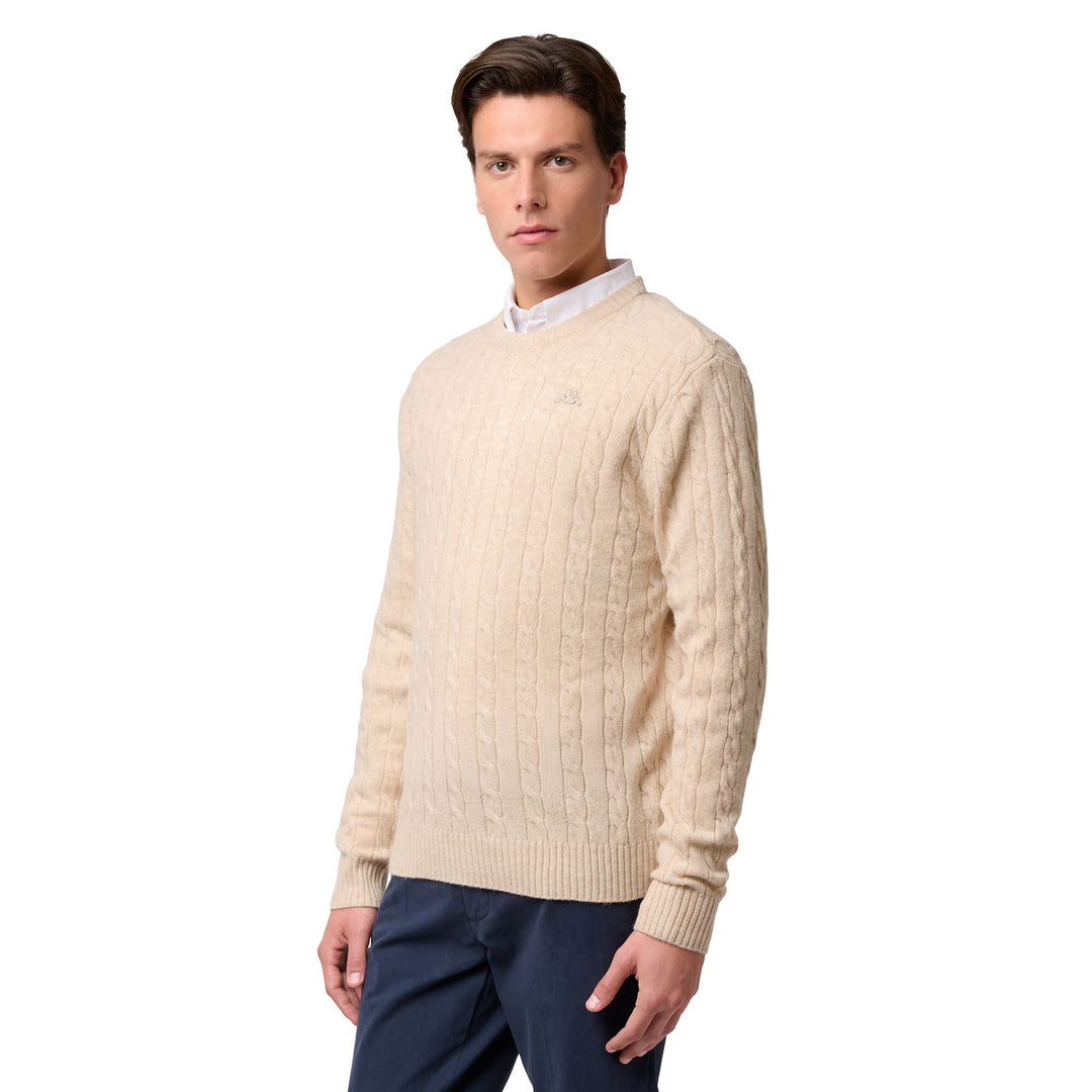 Beige Men's Slim Fit Cable Knit Pullover with Lambswool 01