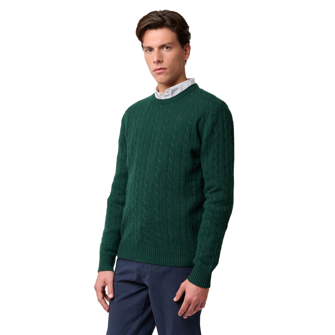 Green Men's Slim Fit Lambswool Pullover with Cable Knit 01