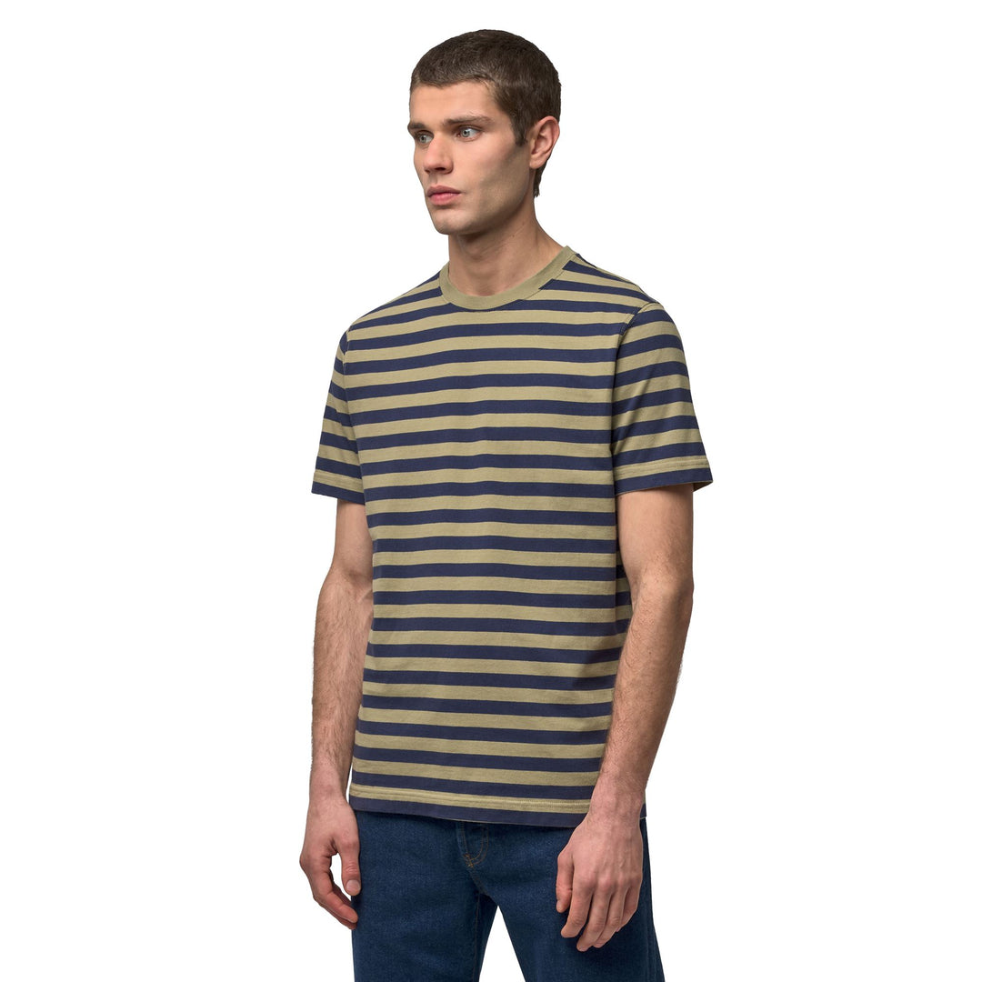 T-shirt rayé décontracté en coton vert pour homme, coupe classique 01