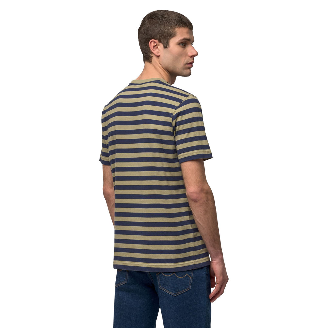 T-shirt rayé décontracté en coton vert pour homme, coupe classique main