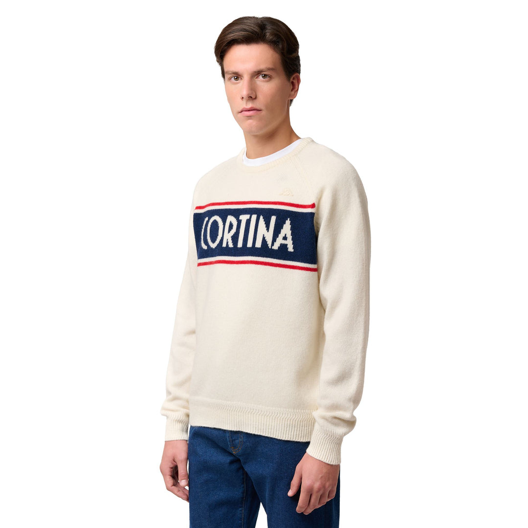 White Men's Slim Fit Wool Knit Jumper with Jacquard Lettering 01