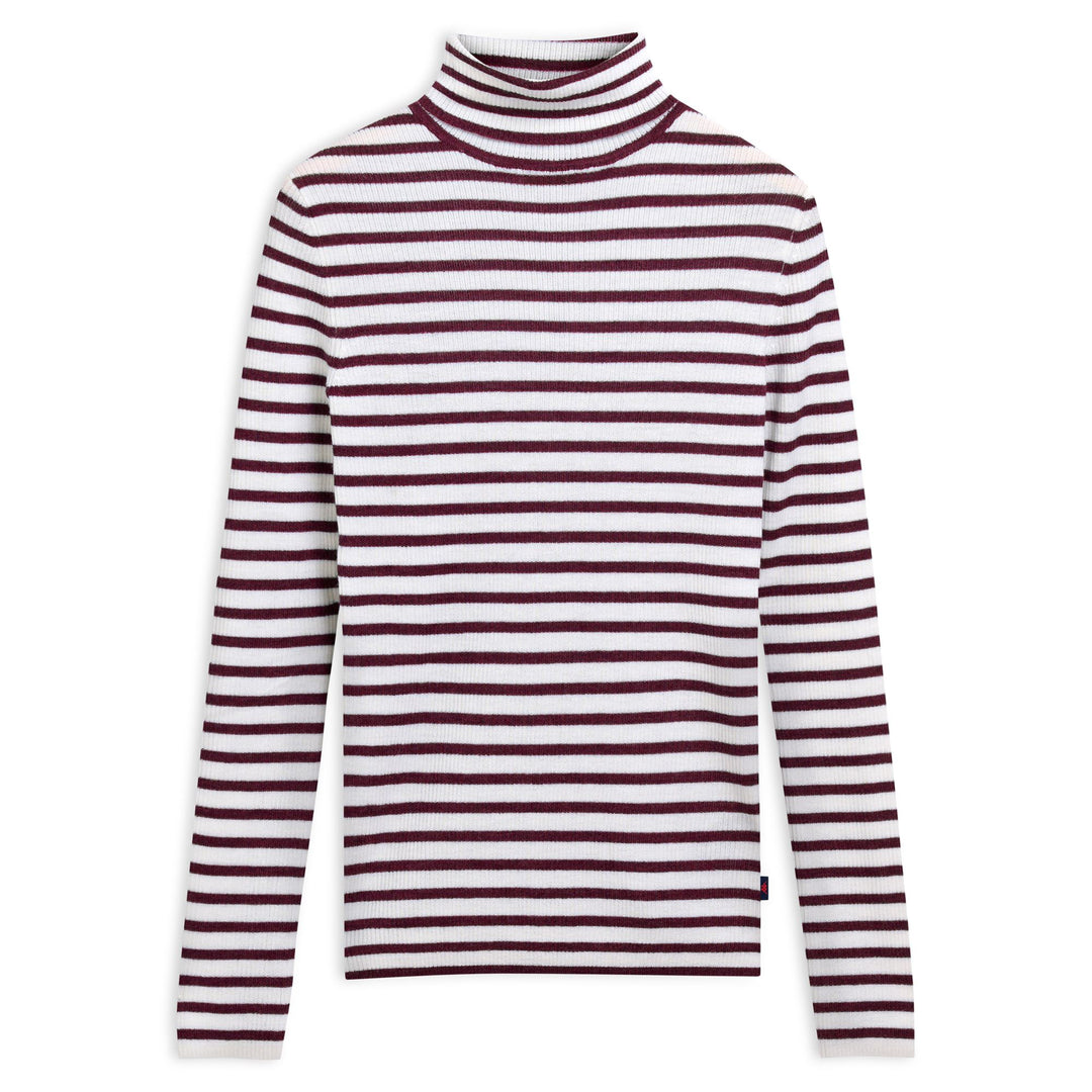 White Women's Striped Wool Turtle Neck Pullover 01