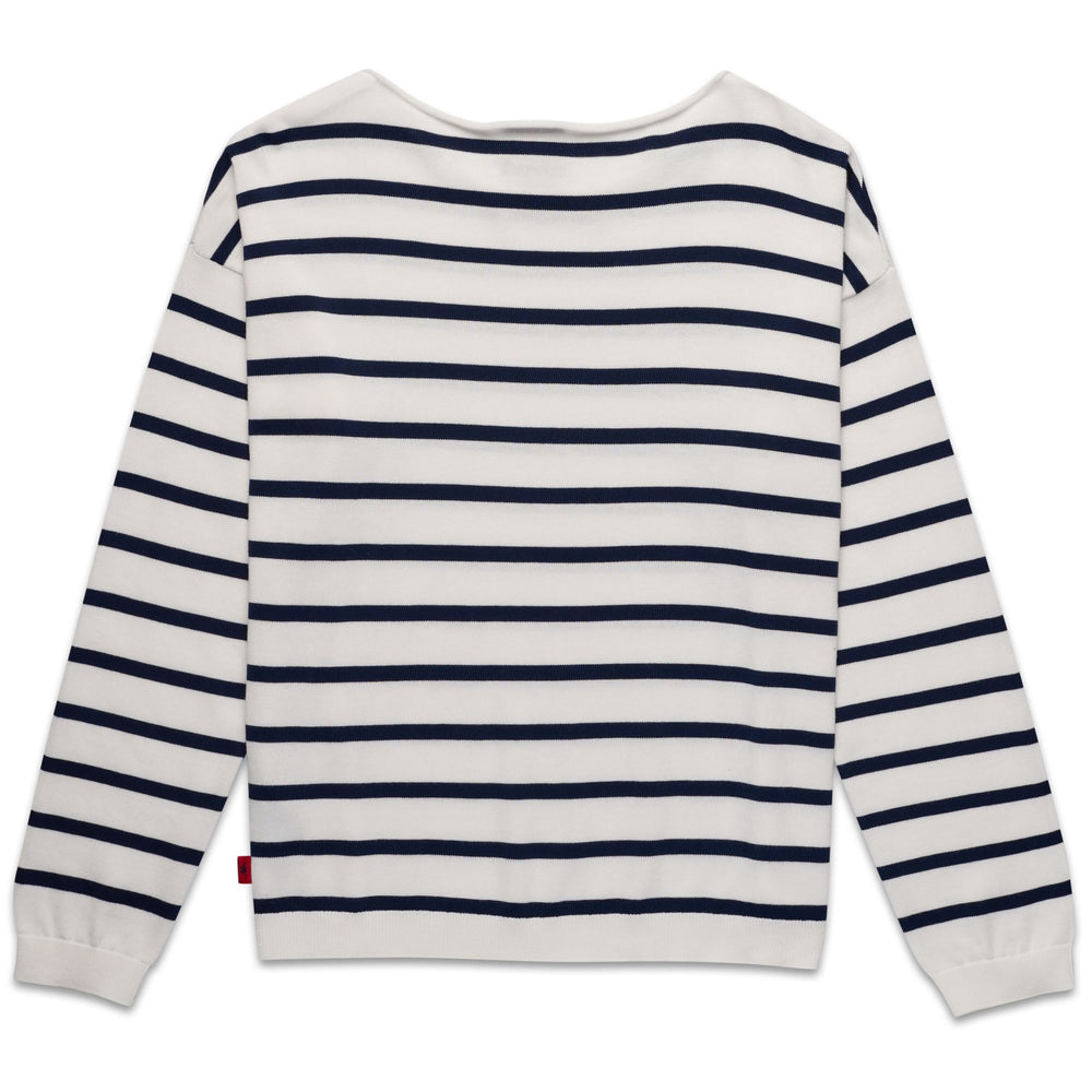 Maglione bianco a righe in cotone da donna con polsini a coste 02