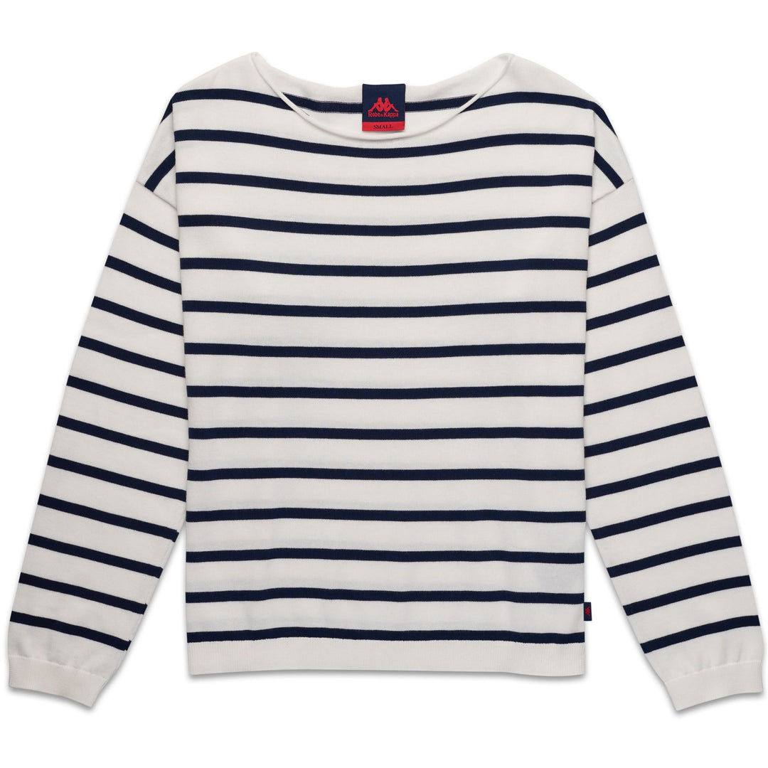 Maglione bianco a righe in cotone da donna con polsini a coste 01