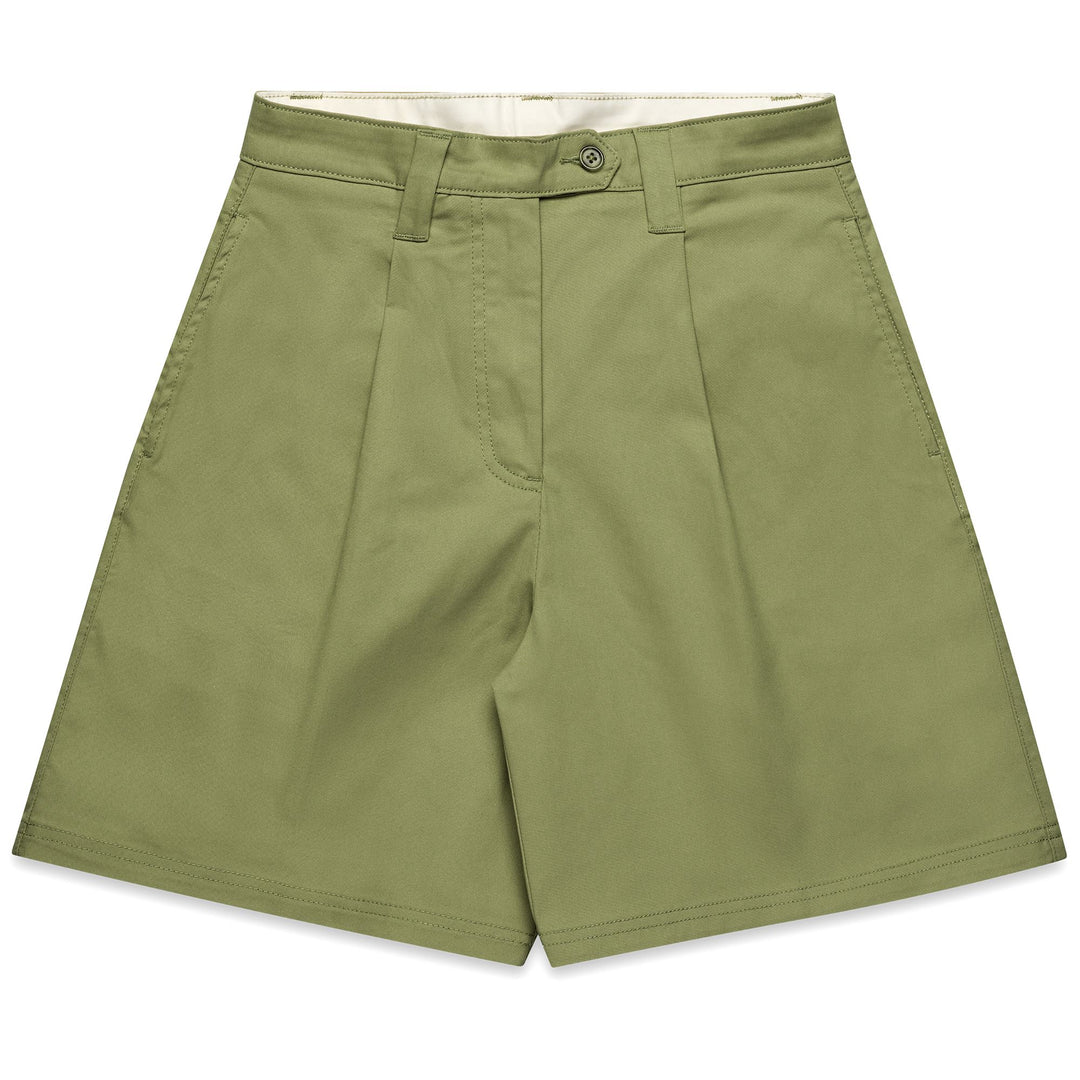 Pantaloncini chino da donna verde oliva con vita alta 01