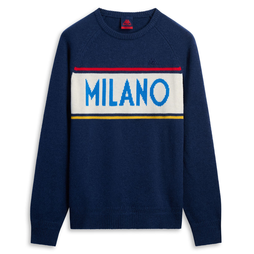 Maglione slim fit in lana da uomo blu con scritta jacquard main