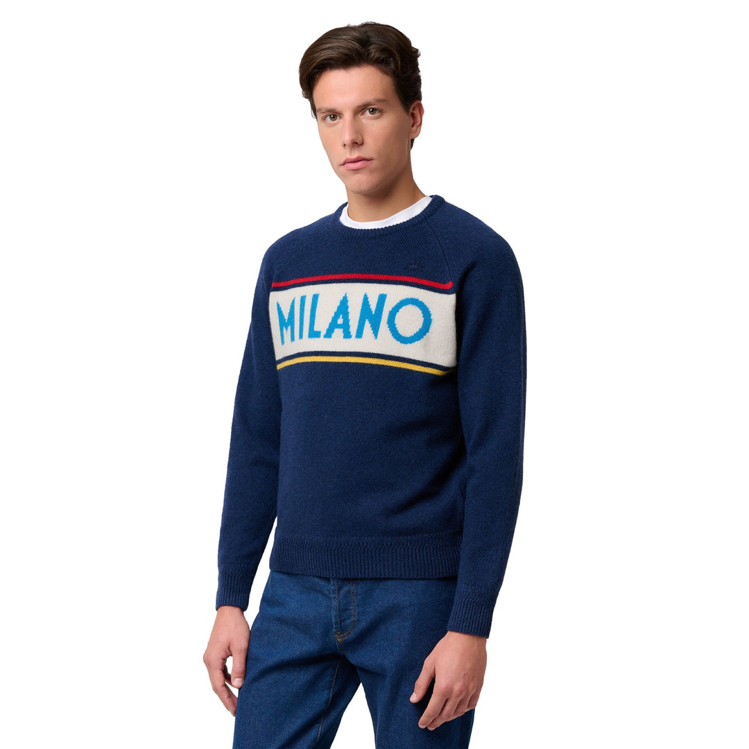 Blue Men's Slim Fit Wool Jumper with Jacquard Lettering 01