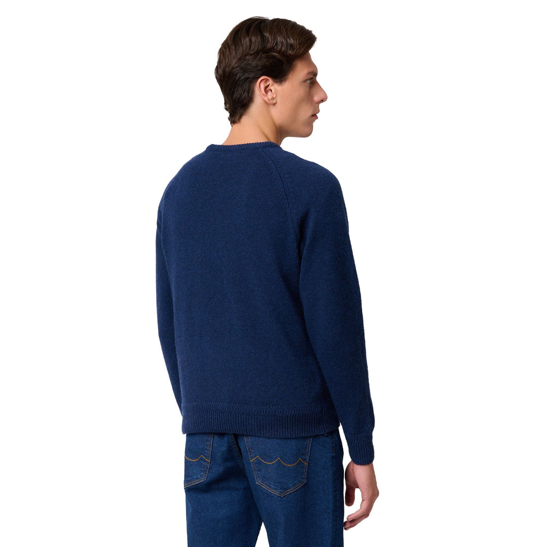 Maglione slim fit in lana da uomo blu con scritta jacquard main