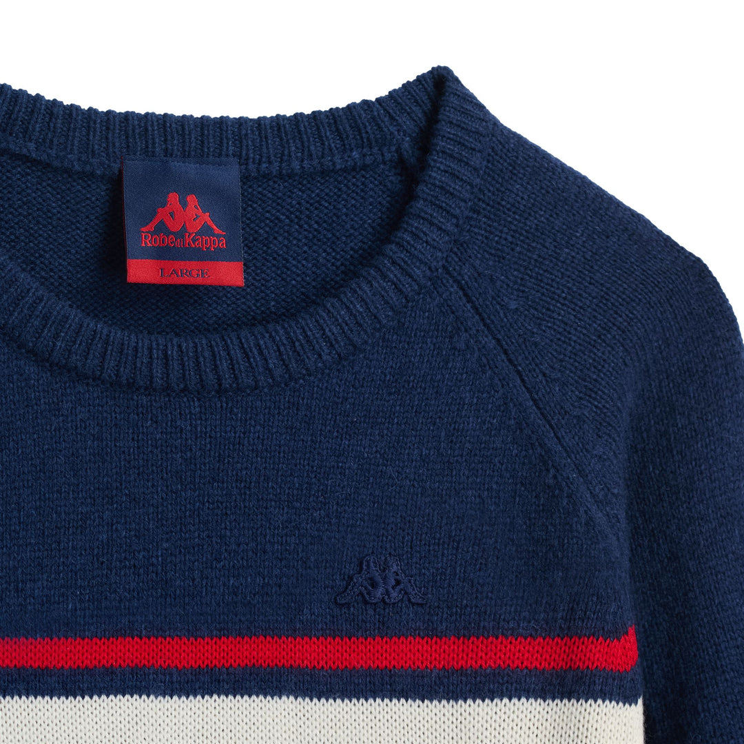 Maglione slim fit in lana da uomo blu con scritta jacquard main