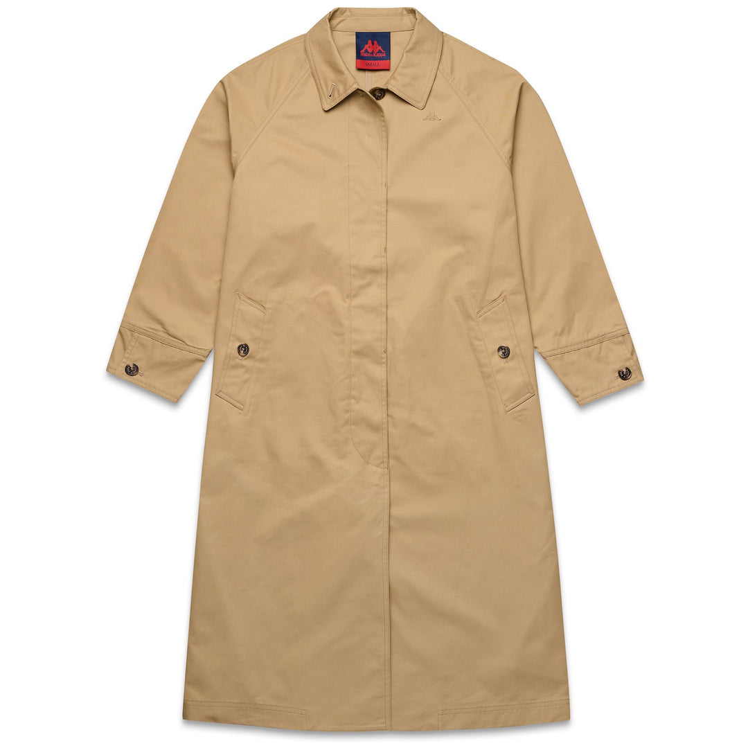 Chaqueta larga tipo gabardina de algodón beige para mujer con espalda abierta 01