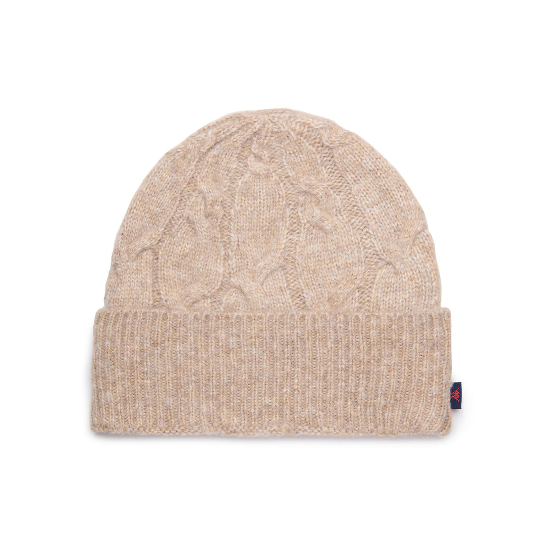 Gorro unisex de punto trenzado beige con logotipo 01