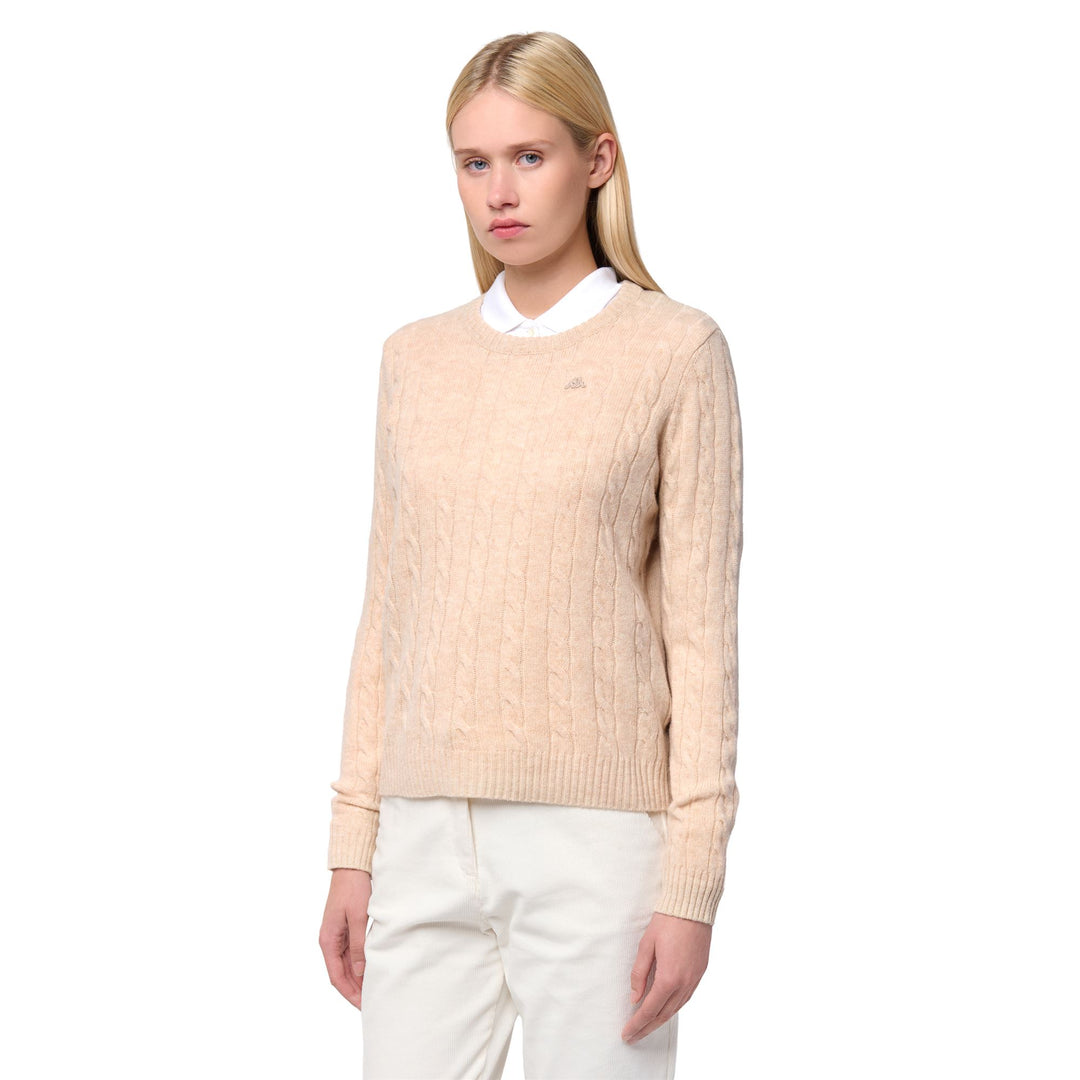 Jersey de punto trenzado beige para mujer en lana de cordero 01