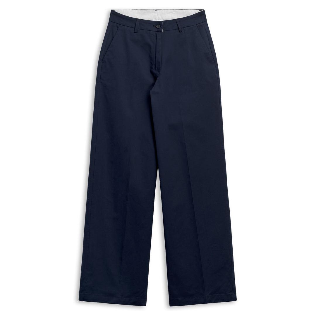 Pantalon chino bleu pour femme, coupe large, en gabardine confortable main