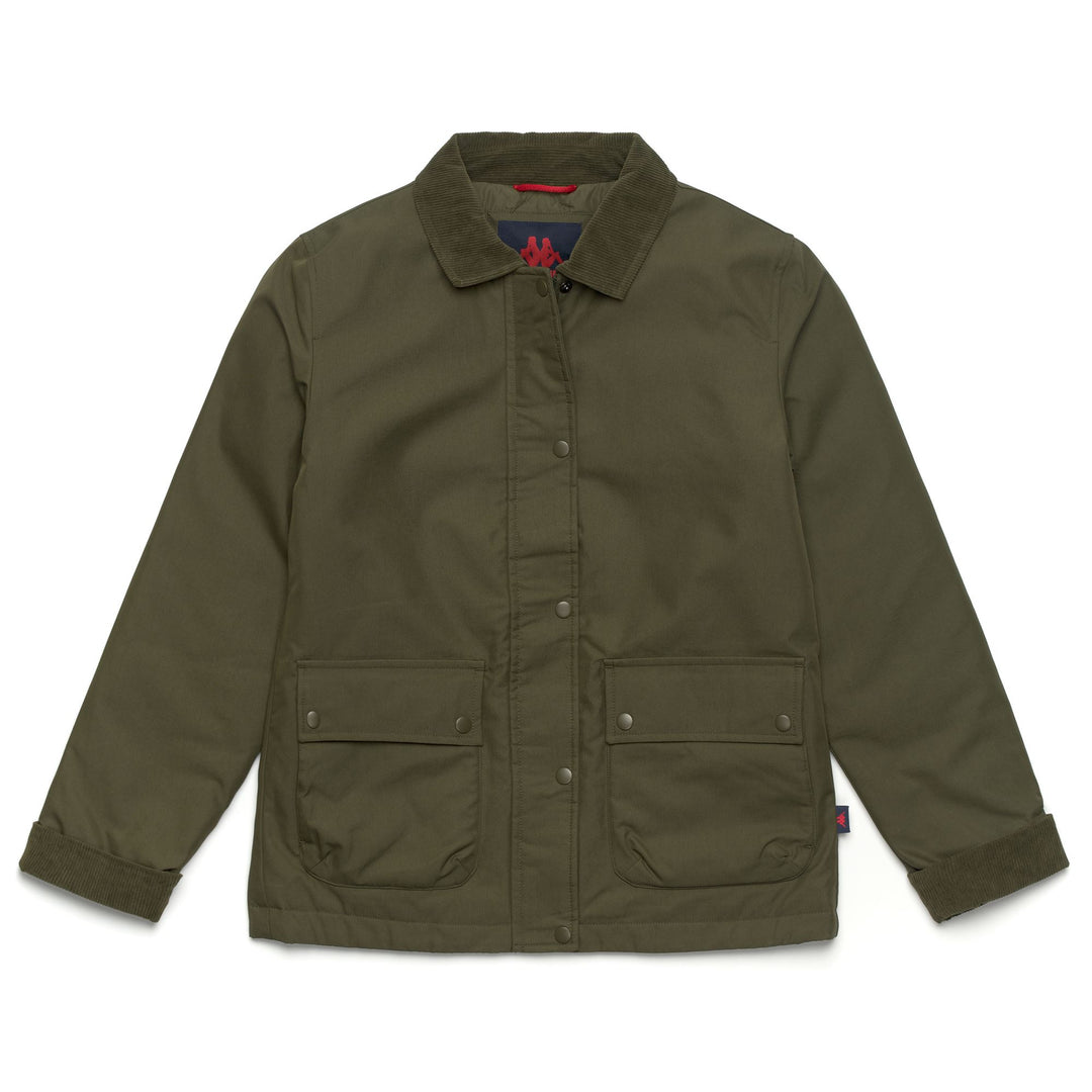 Chaqueta corta clásica verde militar para mujer con cuello de pana 01