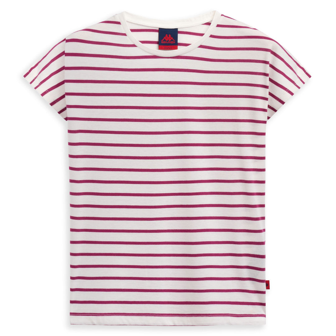 T-shirt bianca a righe in jersey da donna con logo a bandiera 01