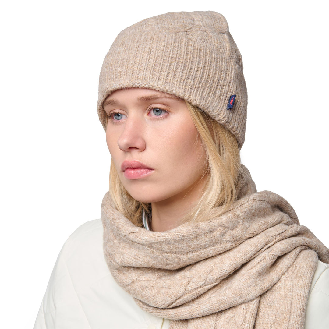 Sciarpa unisex beige lavorata a maglia con trecce e bordi a coste main