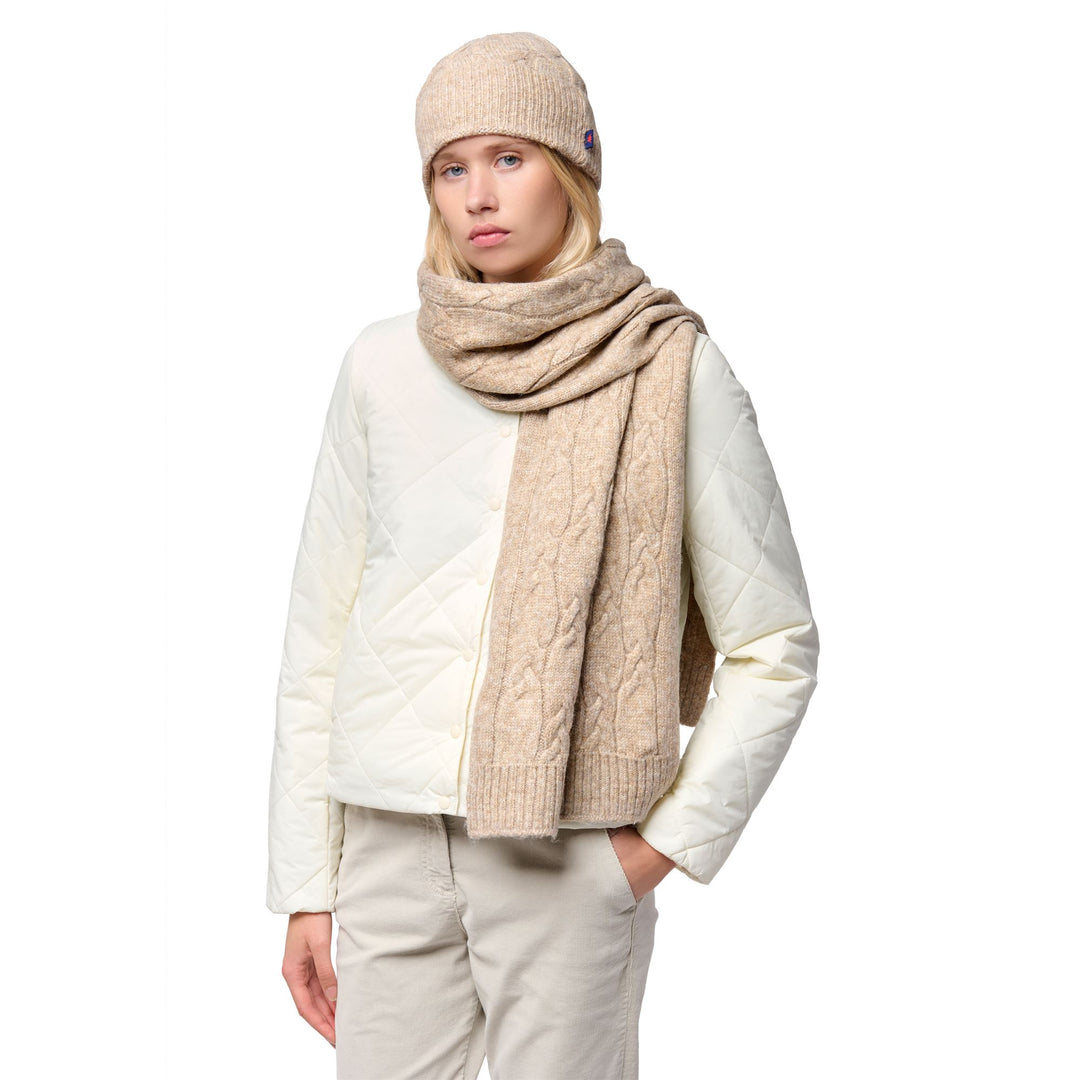 Beige Unisex Knitted Scarf with Cables and Ribbed Borders 01
