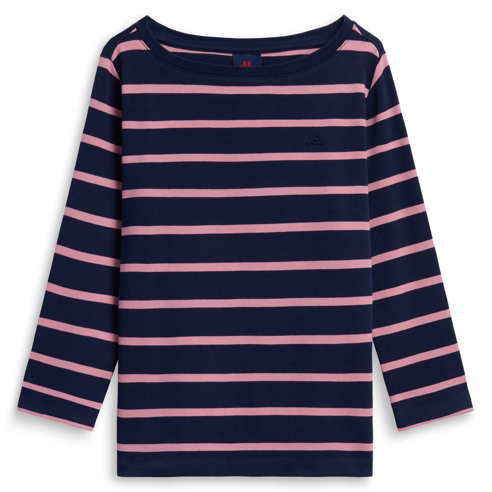 T-shirt da donna in cotone a righe blu con scollo a barca e maniche a 3/4 02