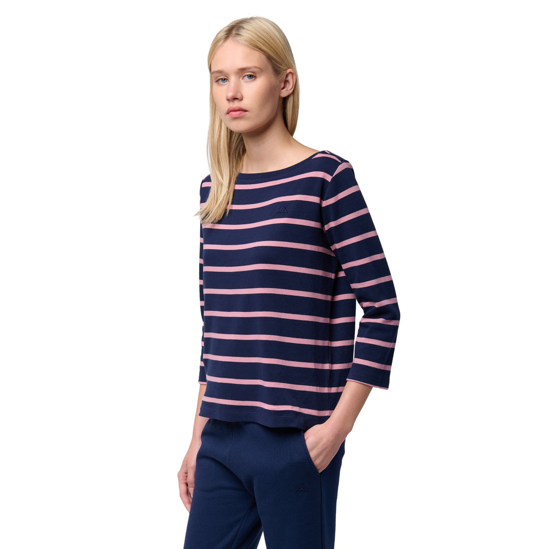T-shirt da donna in cotone a righe blu con scollo a barca e maniche a 3/4 01