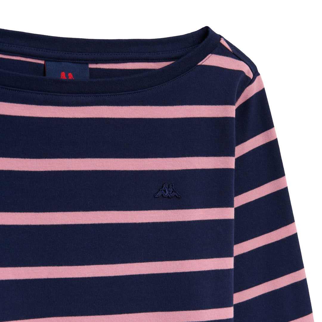 T-shirt da donna in cotone a righe blu con scollo a barca e maniche a 3/4 main