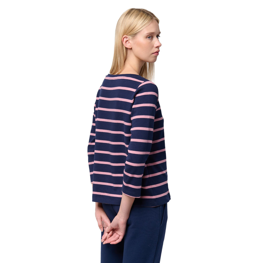 T-shirt da donna in cotone a righe blu con scollo a barca e maniche a 3/4 main