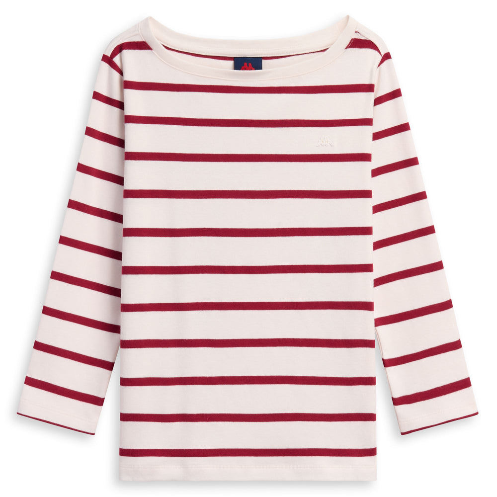 T-shirt bianca da donna in cotone a righe con scollo a barca e maniche a 3/4 02
