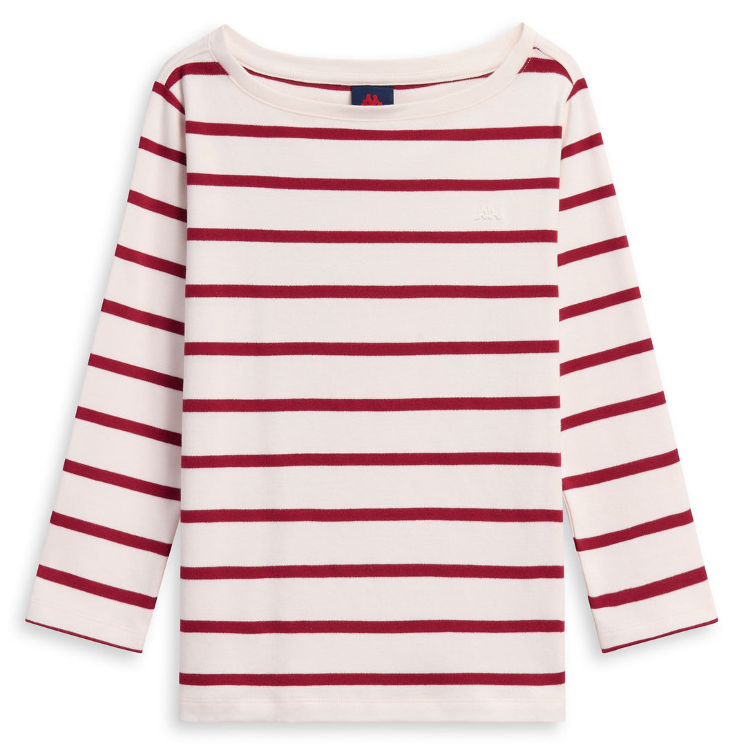 White Women's Striped Cotton T-Shirt with Boat Neck and 3/4 Sleeves main
