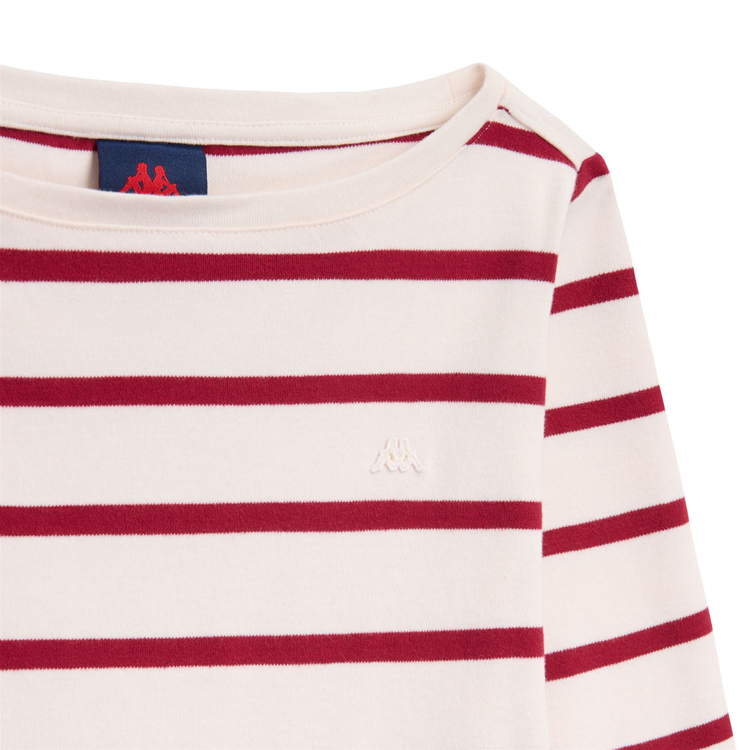 White Women's Striped Cotton T-Shirt with Boat Neck and 3/4 Sleeves main