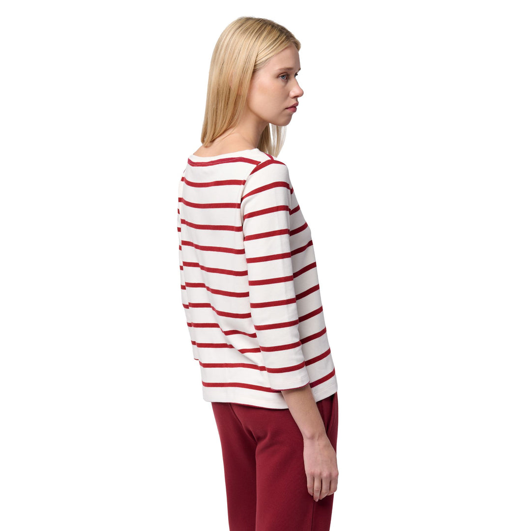 White Women's Striped Cotton T-Shirt with Boat Neck and 3/4 Sleeves main
