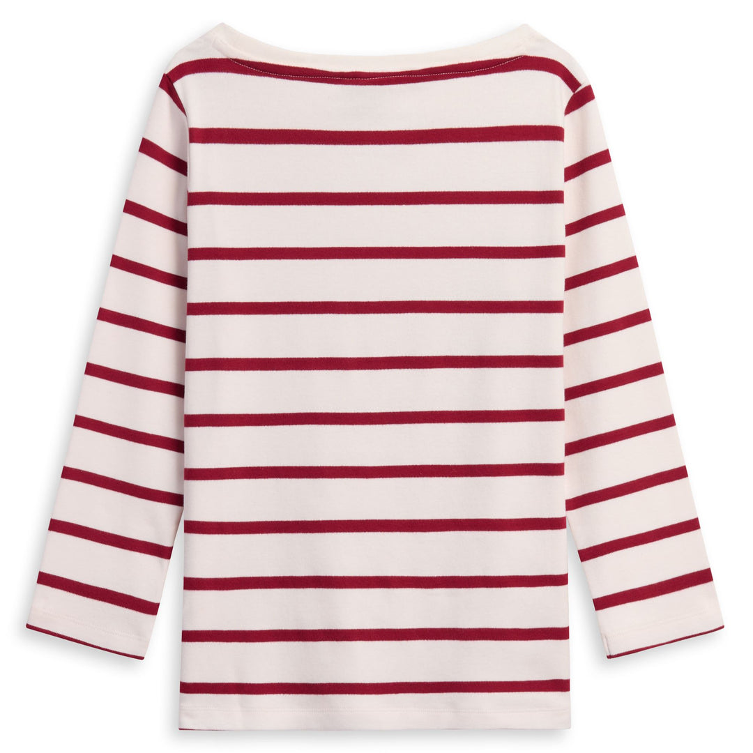 White Women's Striped Cotton T-Shirt with Boat Neck and 3/4 Sleeves main