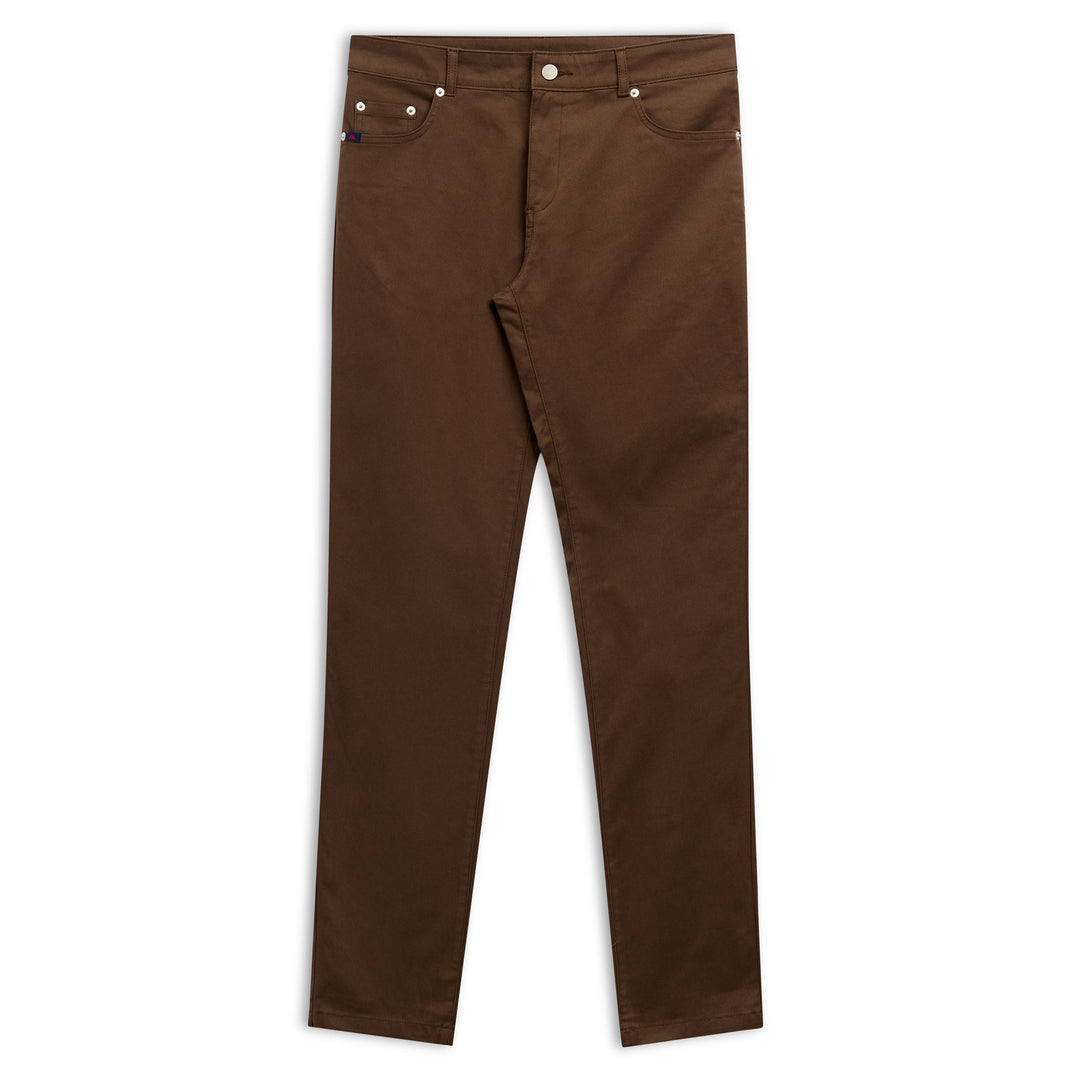 Pantalones de gabardina elástica de corte entallado con cinco bolsillos para hombre, color marrón 01