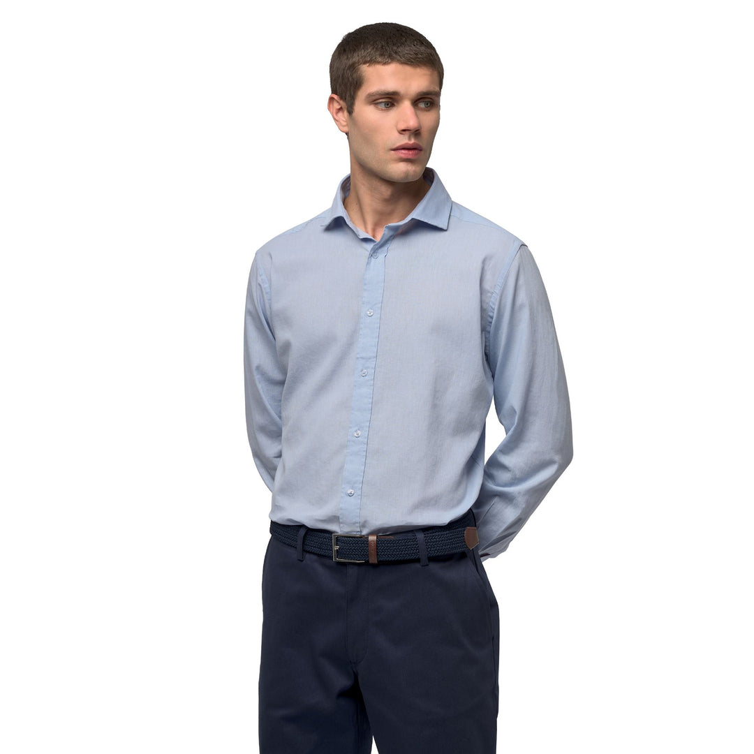Chemise bleue pour homme, coupe ajustée, manches longues, en lin et coton 01
