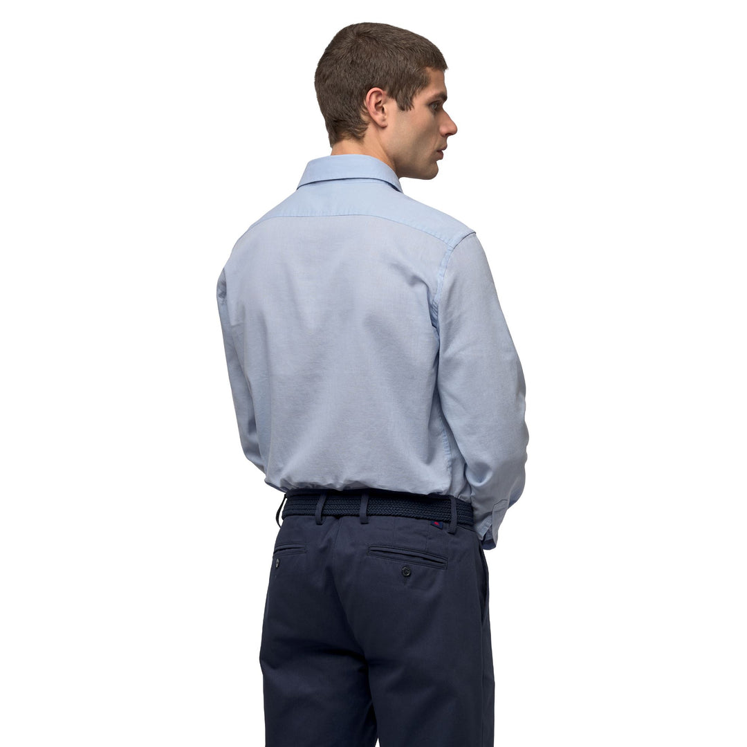 Chemise bleue pour homme, coupe ajustée, manches longues, en lin et coton main