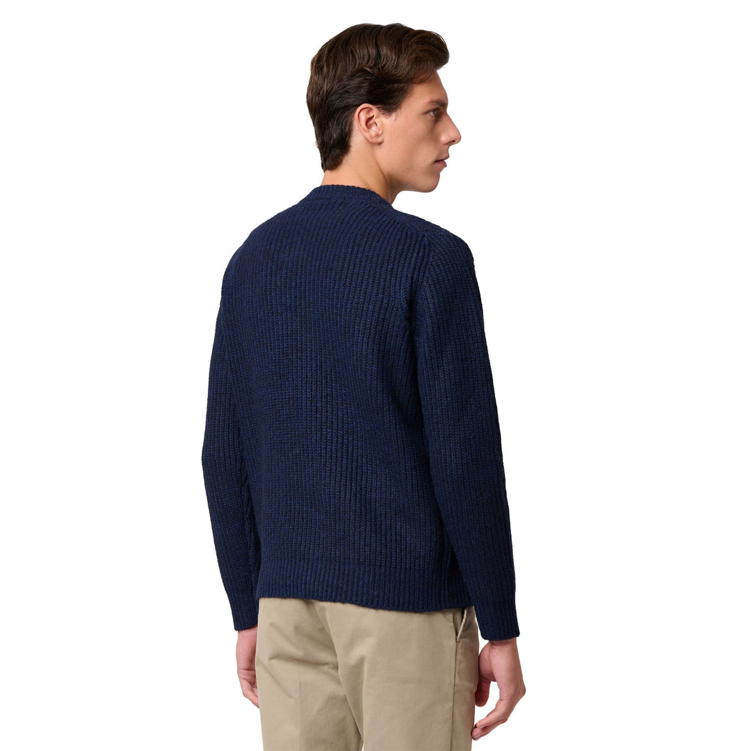 Pull bleu pour homme, coupe classique, col rond, en laine mélangée main