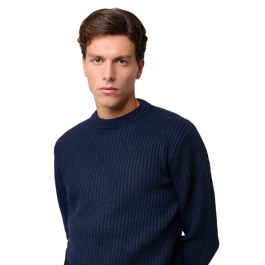 Pull bleu pour homme, coupe classique, col rond, en laine mélangée main