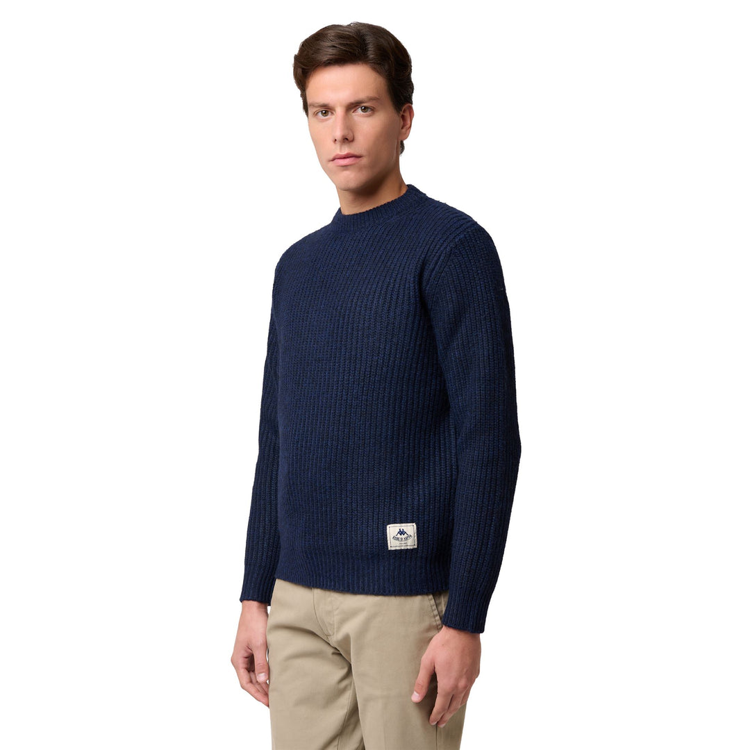 Pull bleu pour homme, coupe classique, col rond, en laine mélangée main