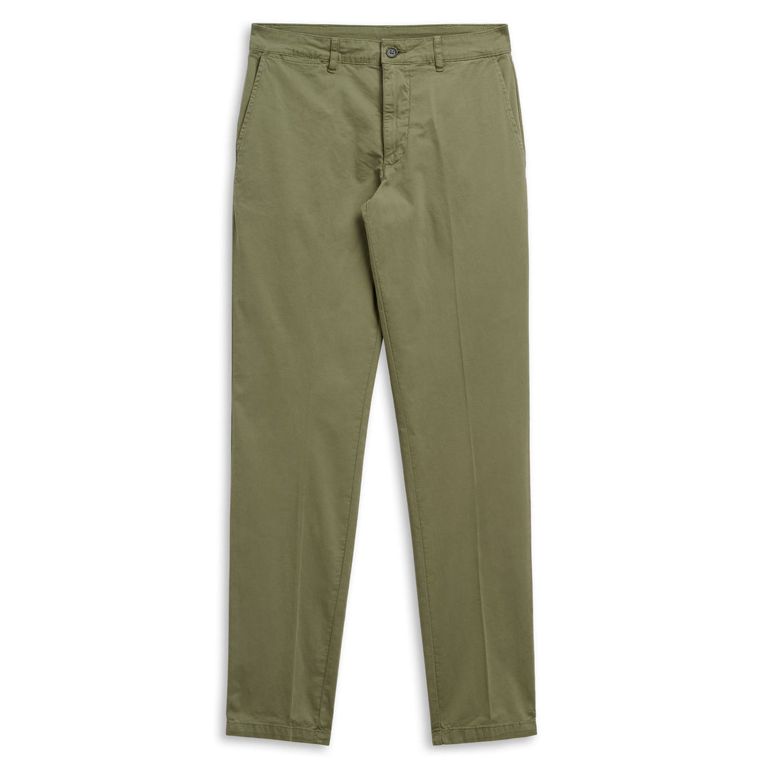 Pantaloni chino skinny fit da uomo in gabardine elasticizzato color verde oliva 01