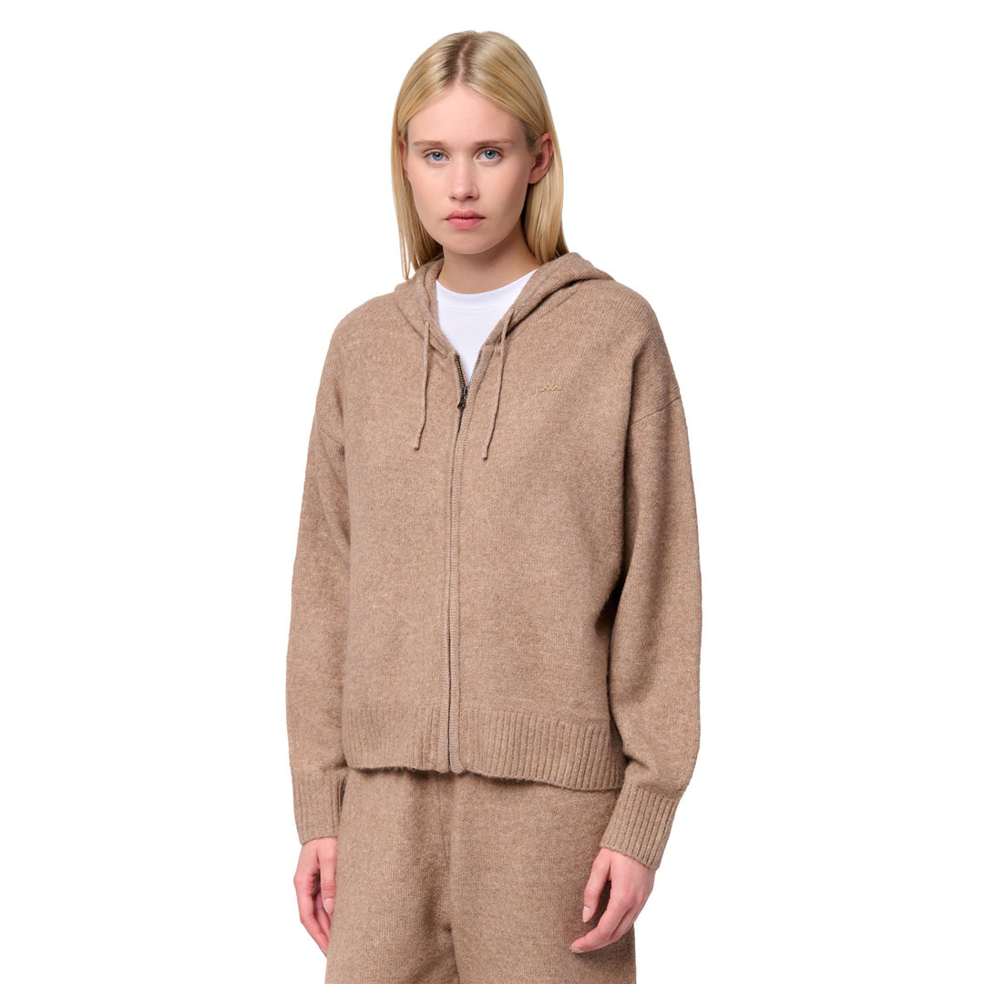 Beige Women's Knitwear Full Zip Jacket with Hood 01