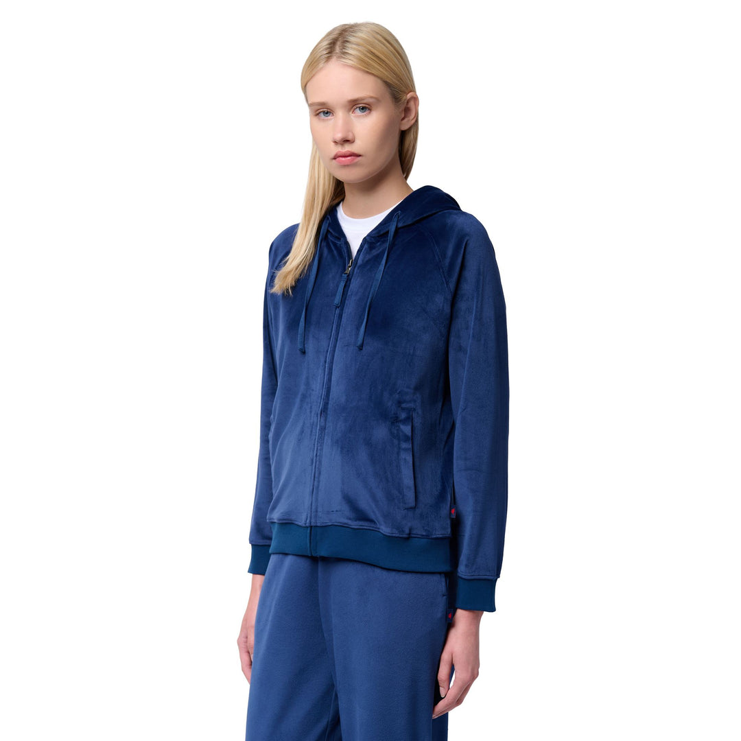 Pull à capuche classique slim fit pour femme en velours bleu main