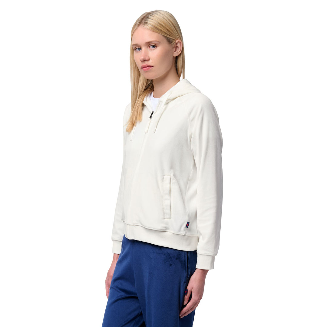 White Women's Hooded Fleece Jacket with Satin Details 01