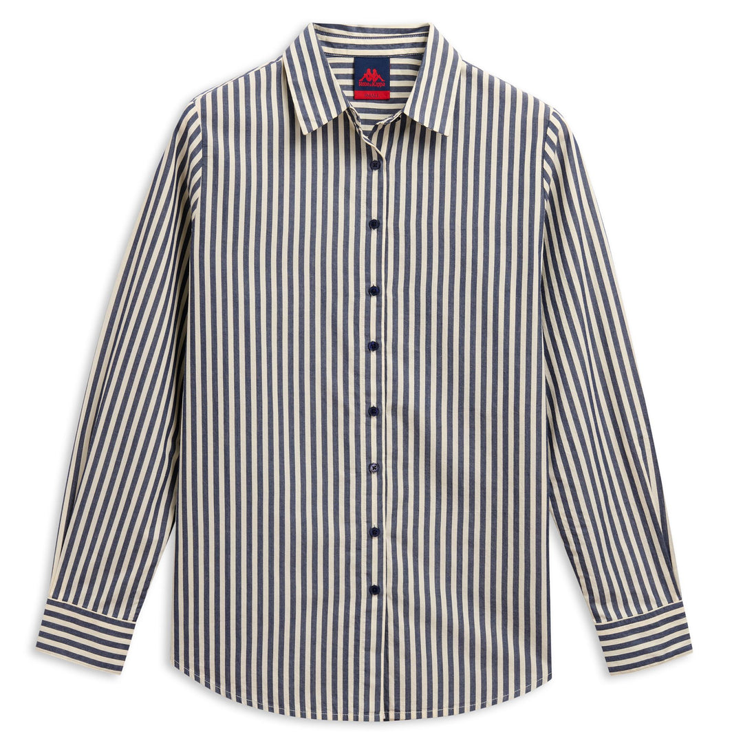 Chemise rayée bleue pour femme, coupe classique décontractée, en coton. main