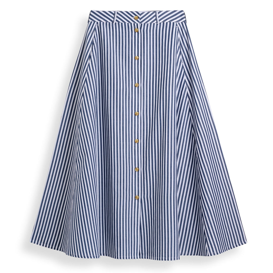 Blue Women's Long Striped Popeline Skirt with Buttons 01