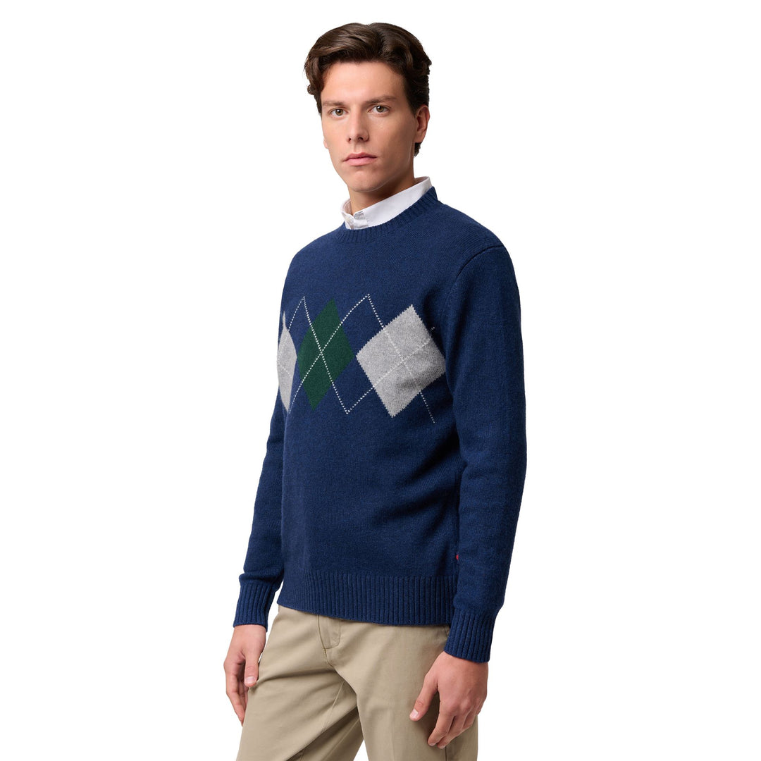 Blue grey Men's Wool Knit Pullover with Diamond Pattern 01